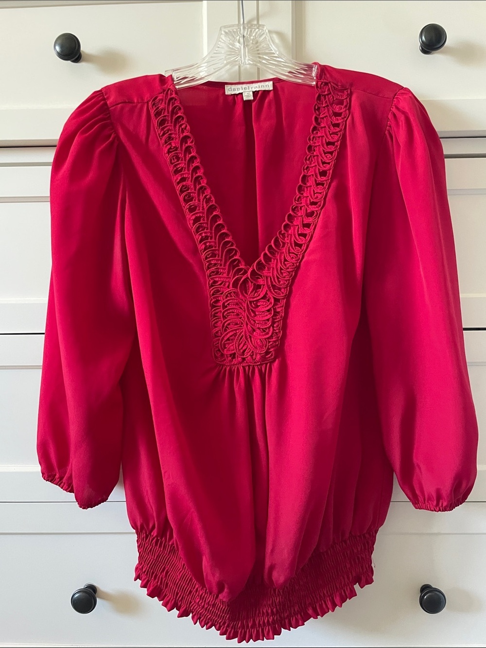 Daniel Rainn Red Deep V Blouse with Decorative Trim | Business Casual Blouse | M